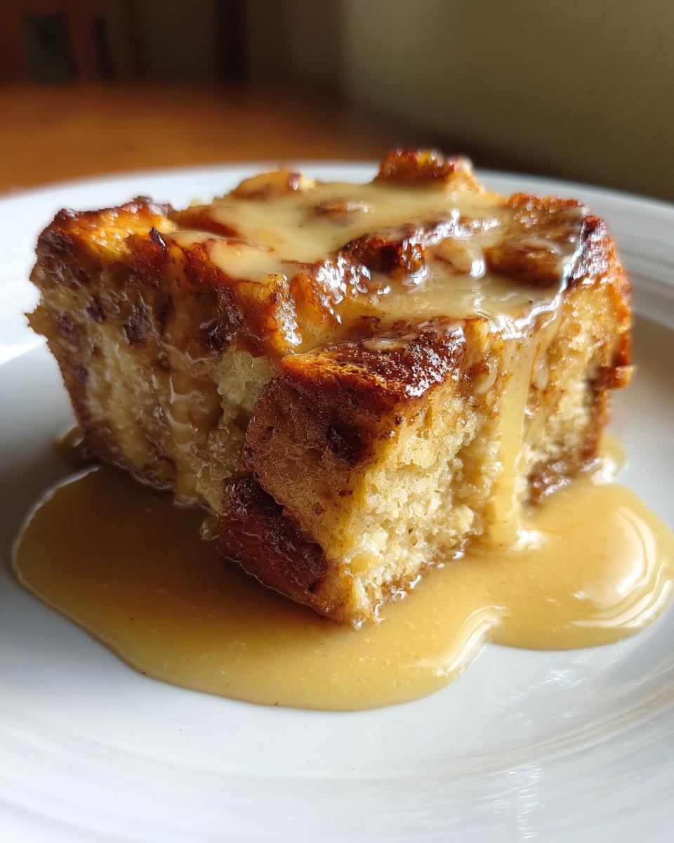 A close-up of a square slice of golden brown bread pudding topped with rich, creamy caramel sauce.