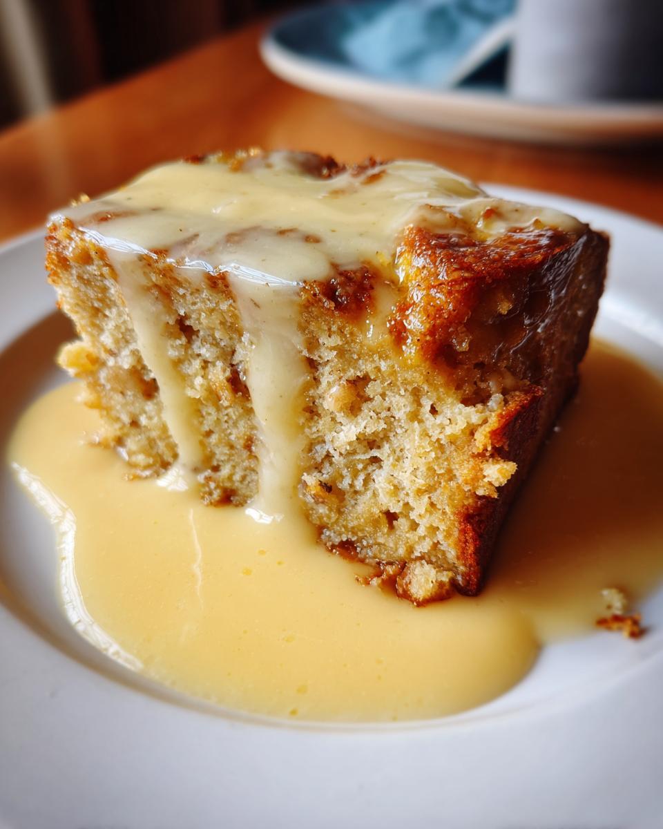 A close-up of a moist slice of bread pudding generously topped with creamy vanilla custard sauce.