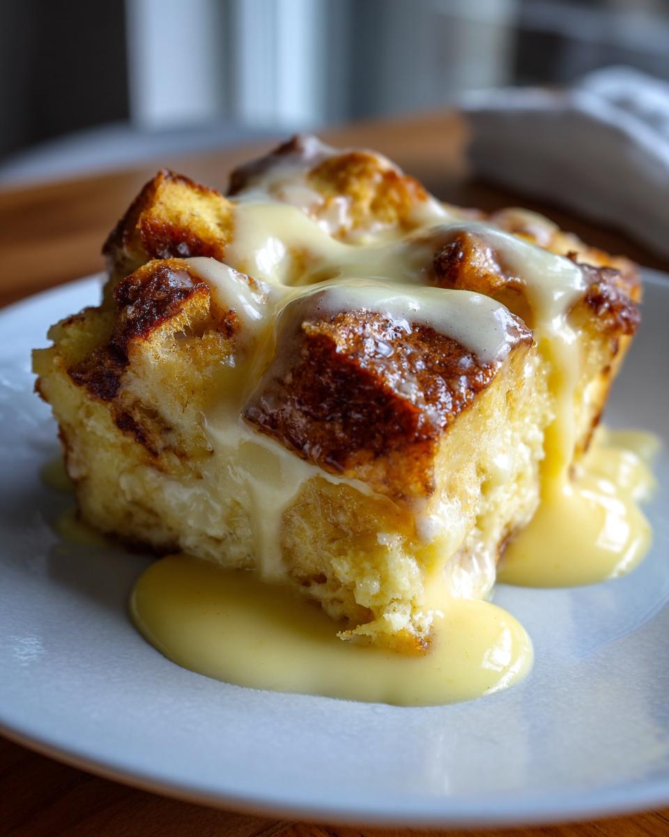 Close-up of a square slice of amazing bread pudding topped generously with creamy vanilla sauce.