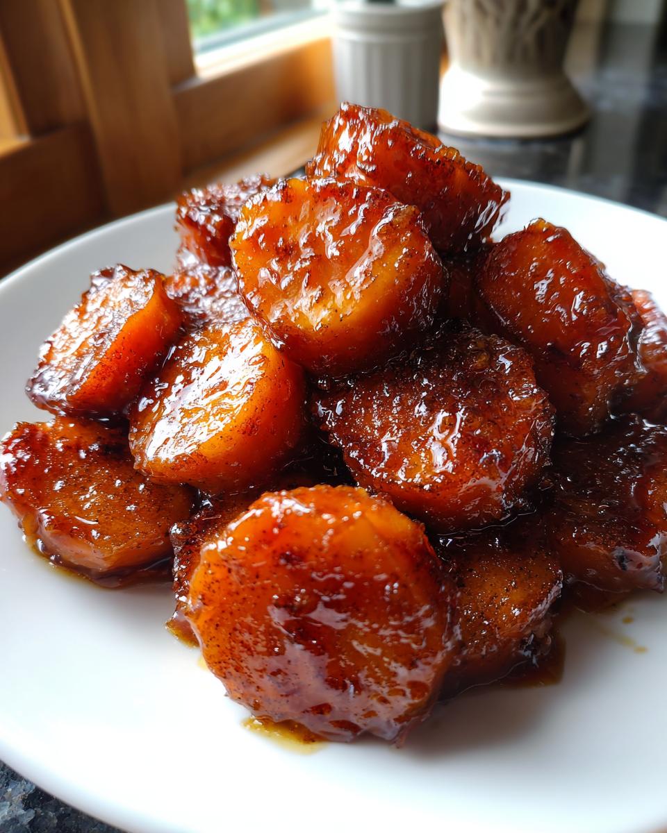 A close-up of thick-cut, glossy candied yams piled high on a white plate, glistening with sweet glaze.