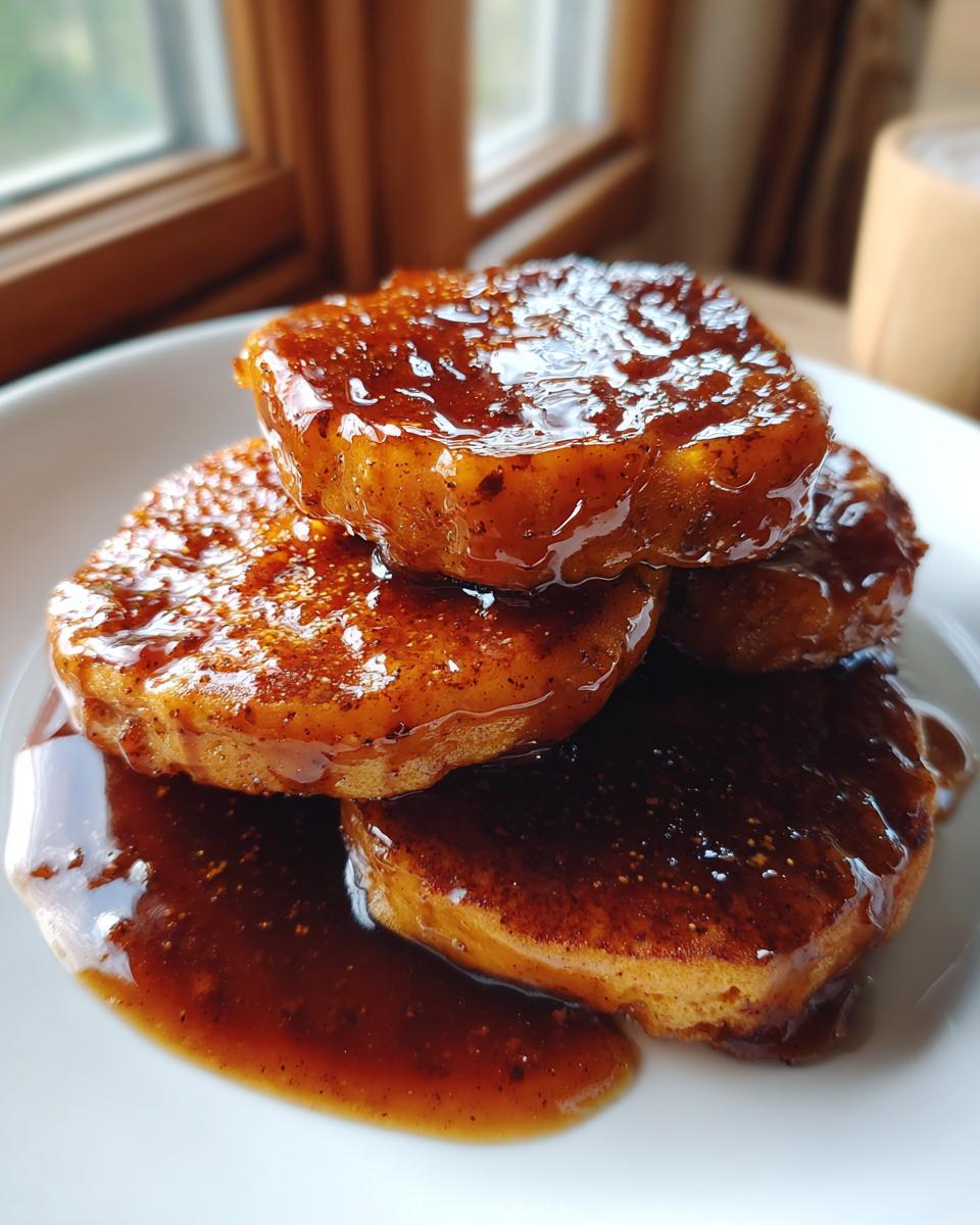 A stack of thick, glazed slices of candied yams covered in a rich, dark brown syrup.