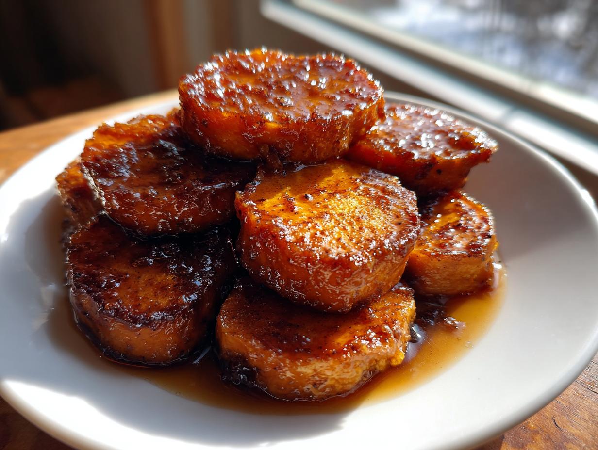 A stack of thick, round slices of glazed candied yams glistening in a sweet syrup on a white plate.