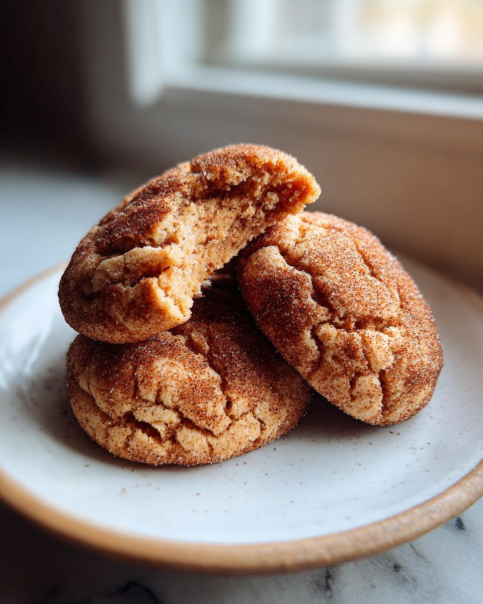 Three homemade churro cookies stacked on a white plate, one broken open to show the soft interior.