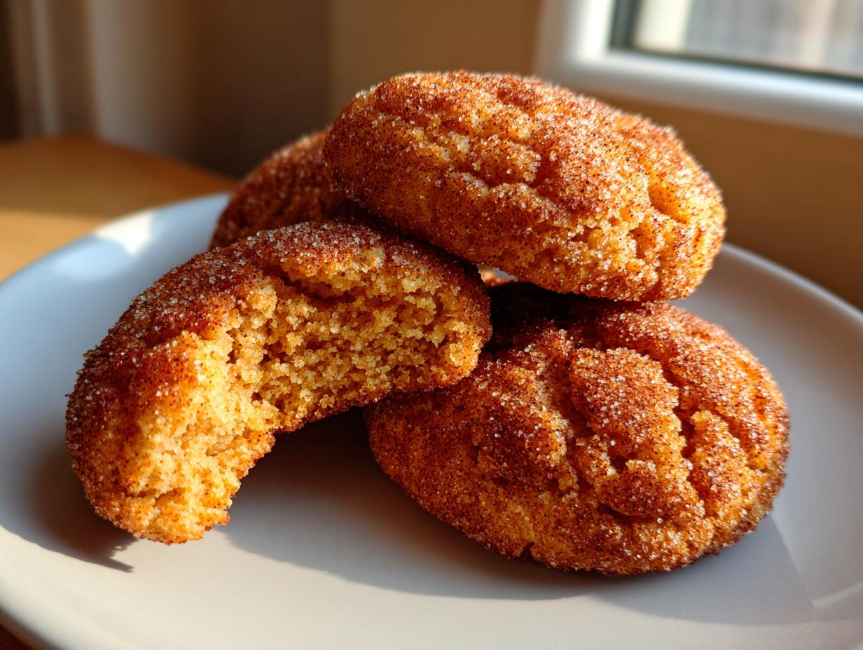 A stack of soft, golden churro cookies heavily coated in cinnamon sugar, with one cookie broken open showing the chewy interior.