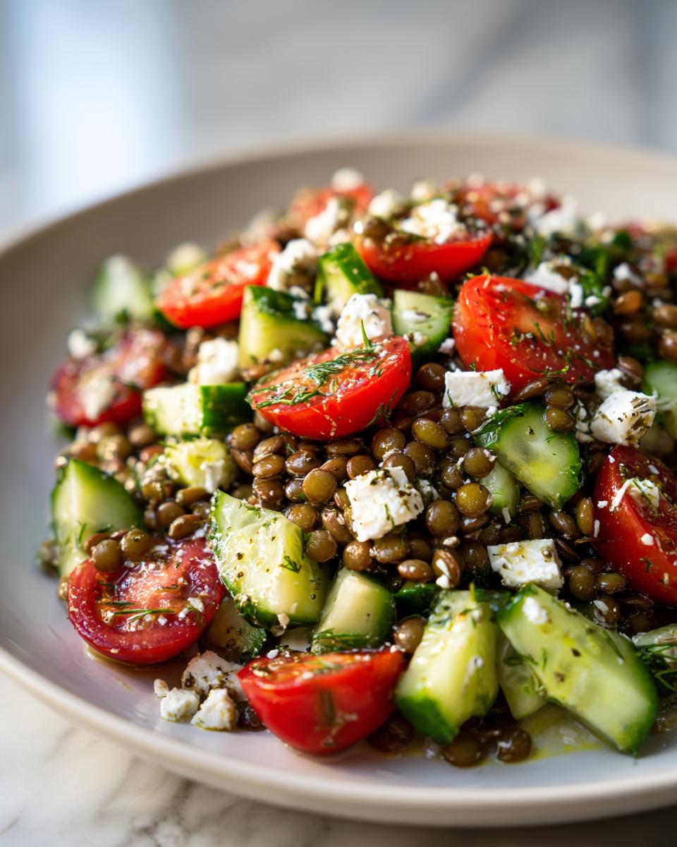 A vibrant close-up of a healthy lentil salad mixed with chopped cucumbers, halved cherry tomatoes, and crumbled feta cheese.