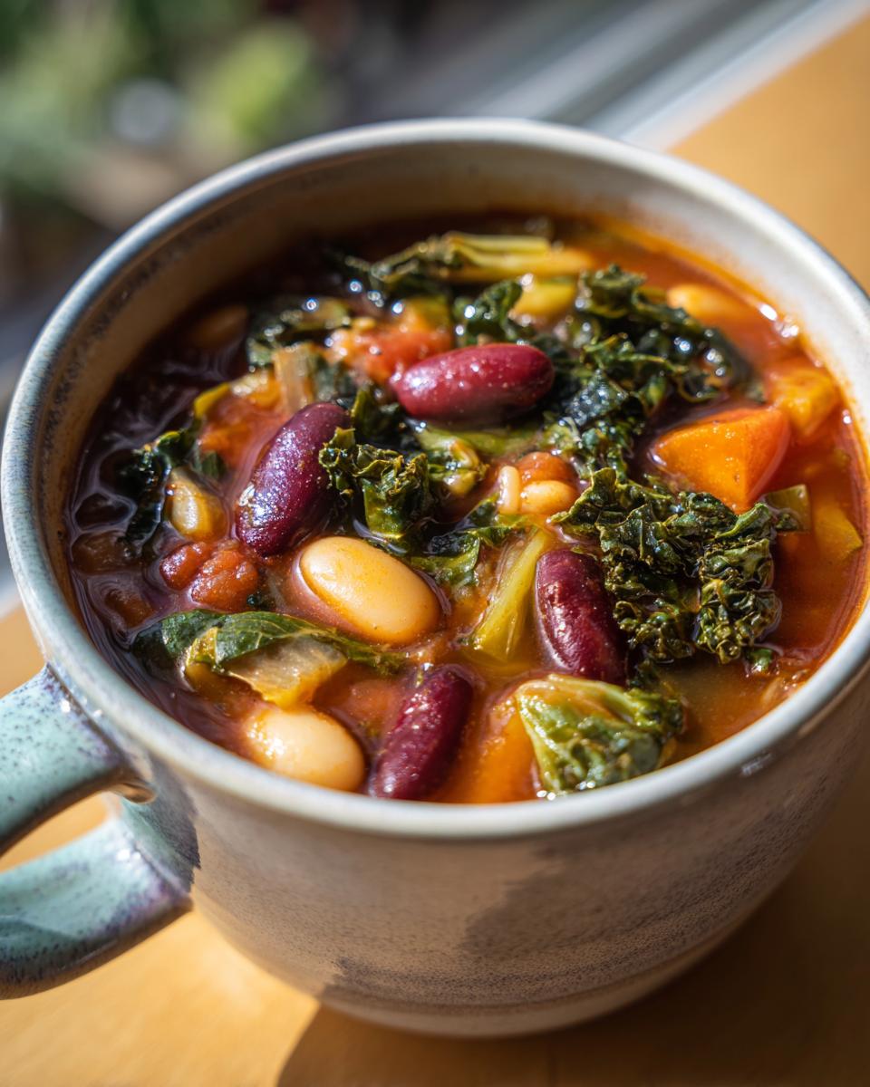 Close-up of a rustic mug filled with hearty minestrone soup featuring beans, kale, and vegetables.