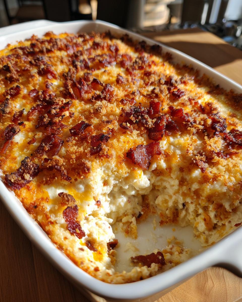 Close-up of a creamy, hot popper dip topped with crispy bacon bits and golden breadcrumbs.