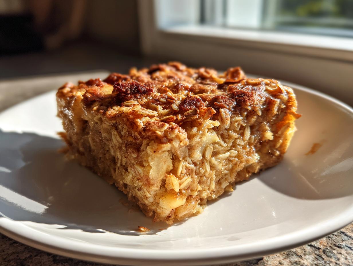 A close-up, sunlit square slice of moist baked oatmeal served on a white plate.
