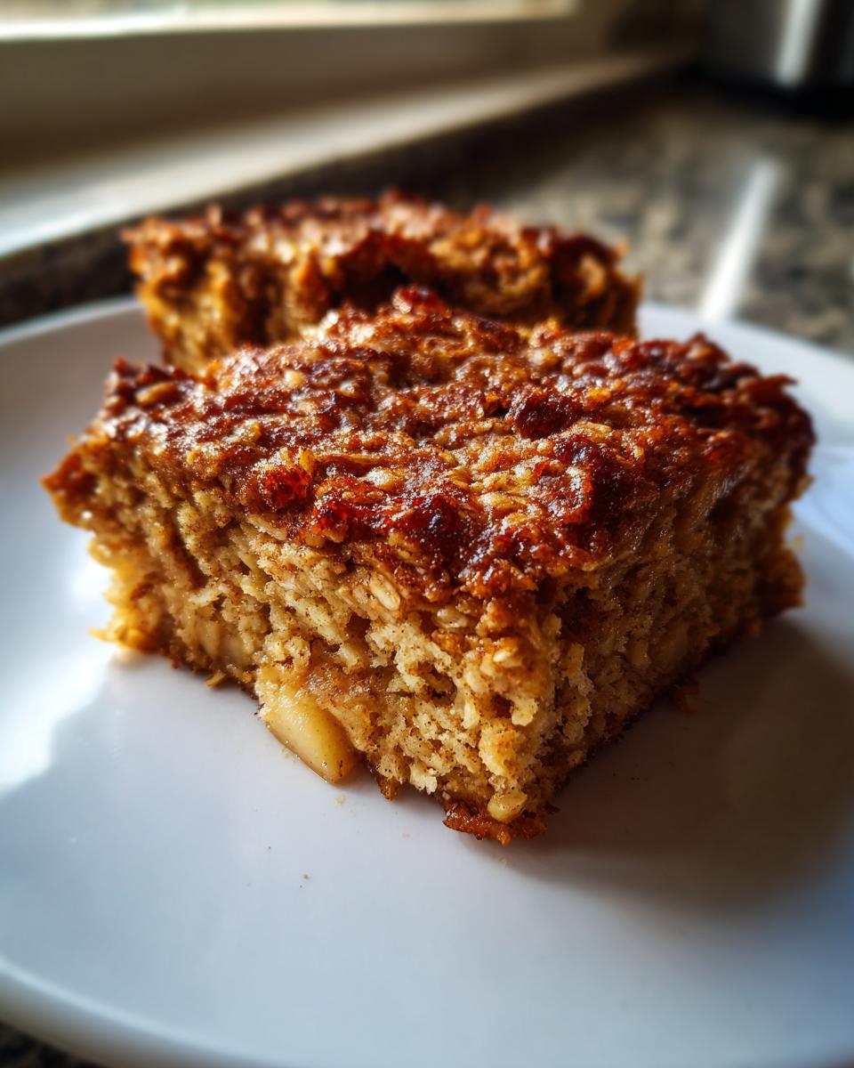 A close-up of two golden brown squares of baked oatmeal with a caramelized top, resting on a white plate.