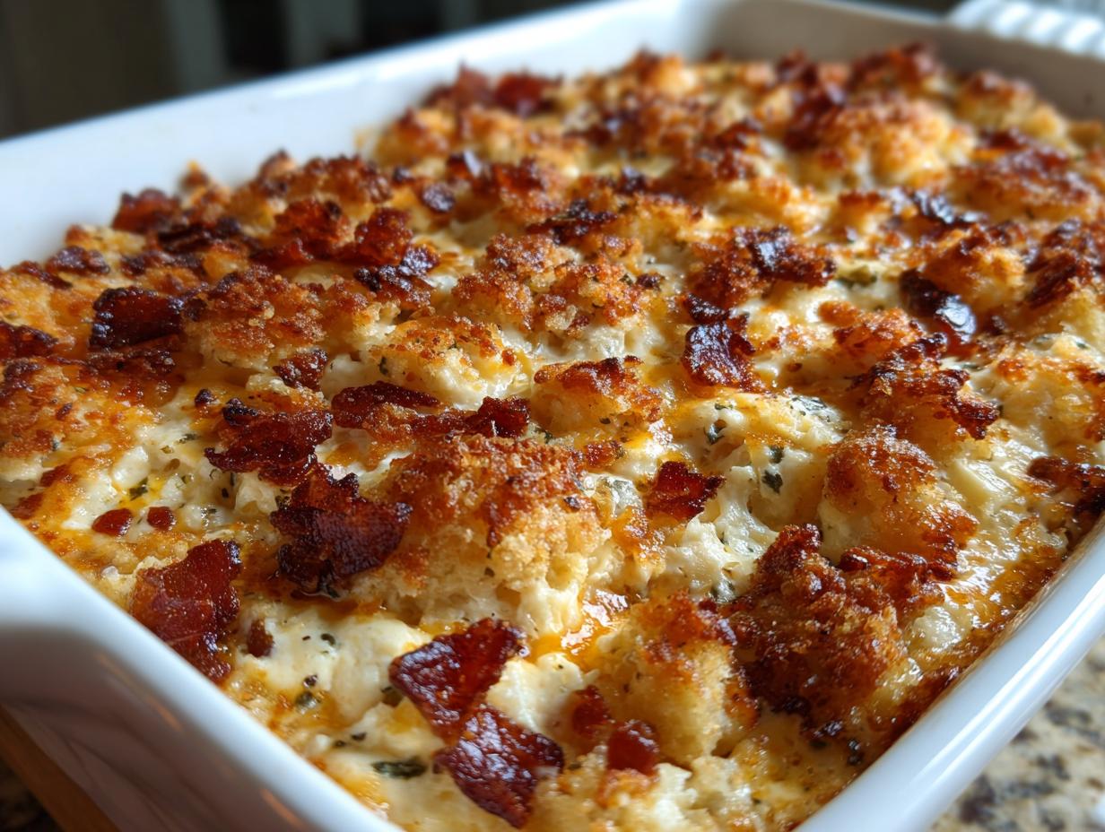 Close-up of hot, creamy popper dip topped with golden breadcrumbs and crispy bacon pieces.