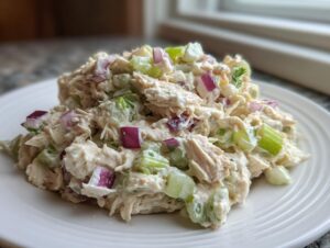 A mound of creamy, homemade chicken salad featuring shredded chicken, crunchy celery, and diced red onion on a white plate.