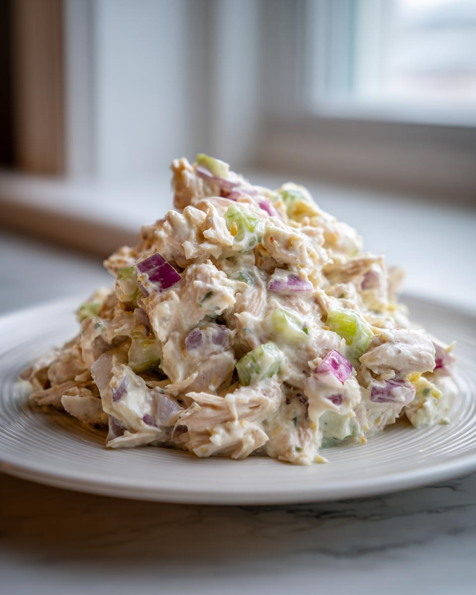 A generous mound of creamy chicken salad featuring shredded chicken, diced red onion, and celery on a white plate.