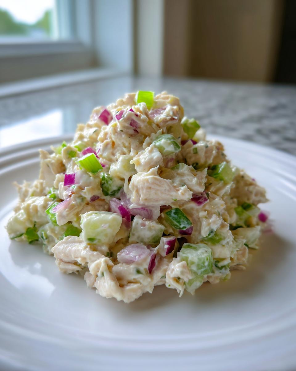 A mound of creamy classic chicken salad mixed with diced red onion and celery on a white plate.