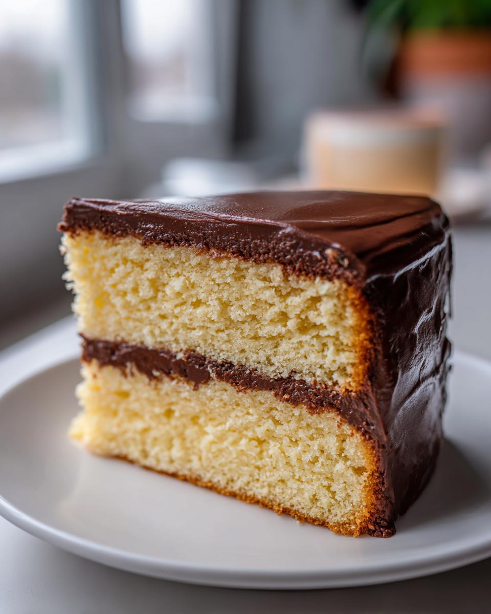 A perfect slice of homemade Boston Cream Pie showing two layers of yellow cake and chocolate frosting.