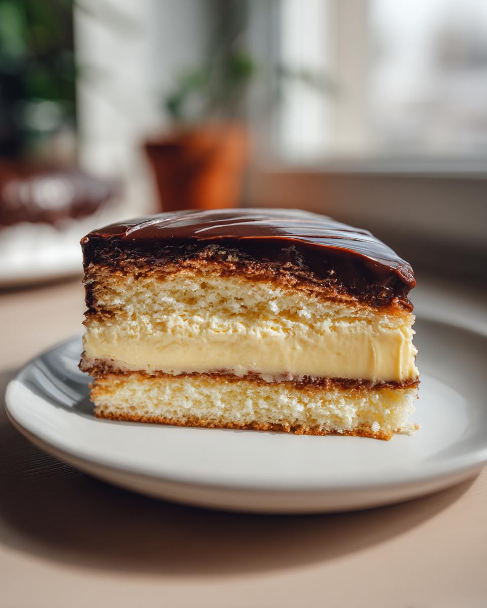 A thick slice of Boston cream pie featuring two layers of cake, rich pastry cream filling, and glossy chocolate ganache topping.