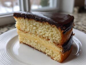 A perfect slice of Boston Cream Pie showing vanilla cake layers, rich pastry cream filling, and dark chocolate ganache topping.