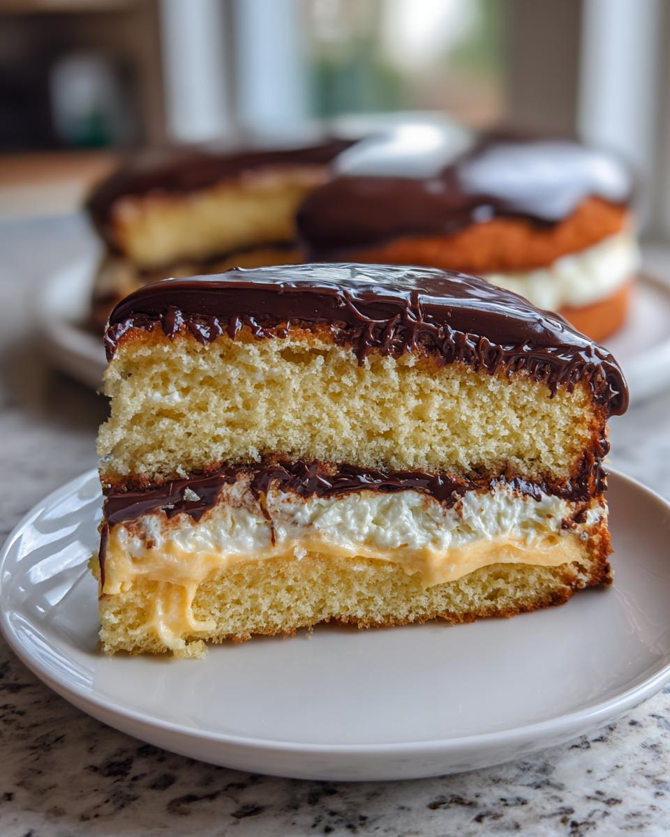 A generous slice of Boston cream pie showing two layers of sponge cake filled with pastry cream and whipped cream, topped with rich chocolate ganache.
