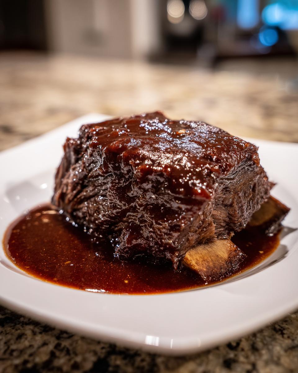 A single, thick piece of tender braised short ribs covered in a rich, dark glaze, resting in sauce on a white plate.