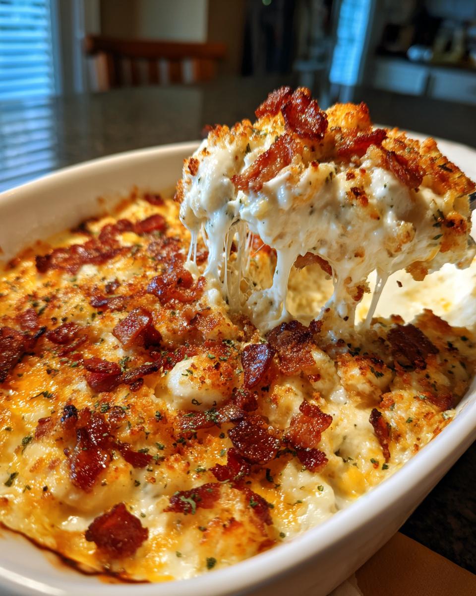 A spoonful of hot, cheesy popper dip showing extreme cheese pull, topped with bacon bits.