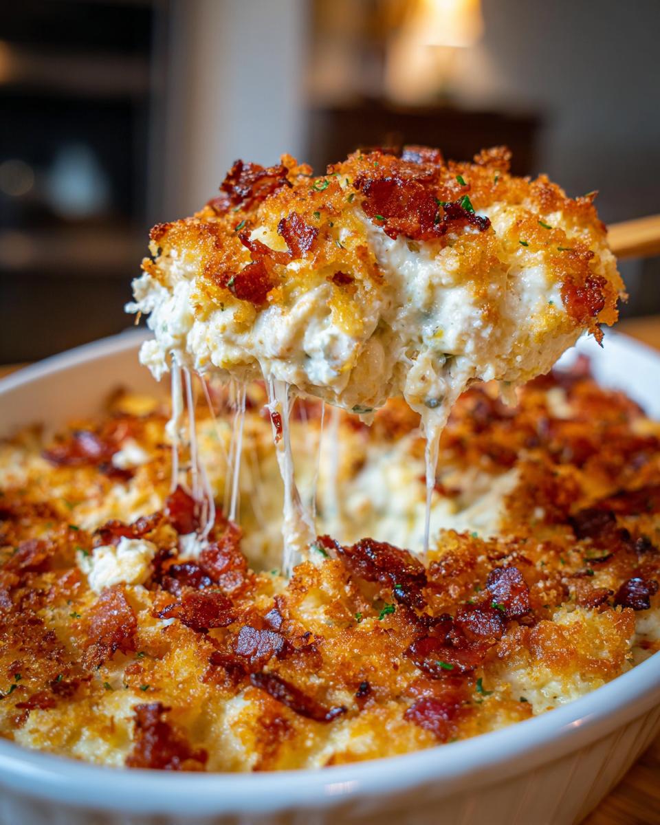 A spoonful of hot, cheesy popper dip being lifted, showing long cheese pulls and a crispy bacon topping.