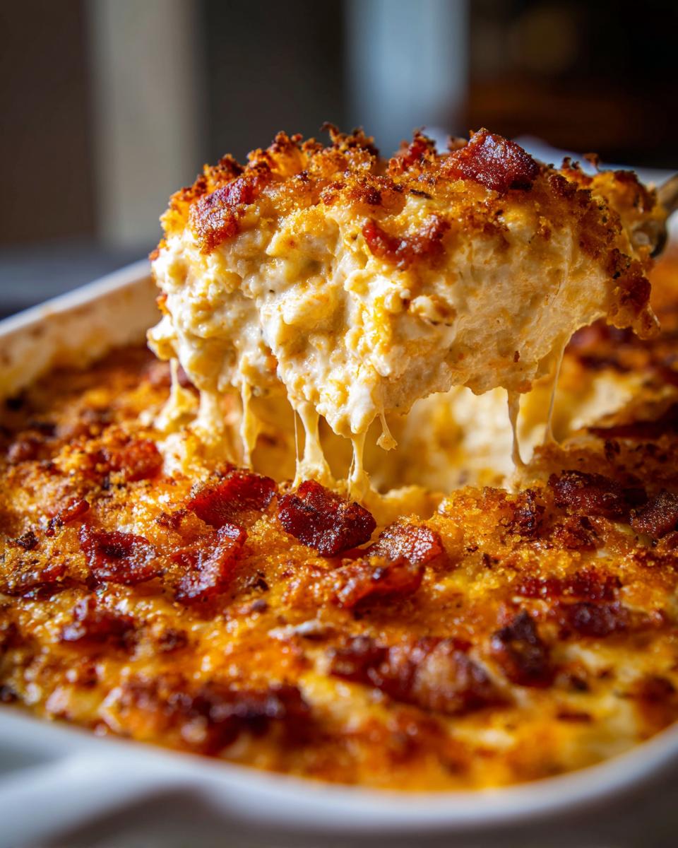 A spoonful of hot, cheesy popper dip showing extreme cheese pull, topped with crispy bacon bits.