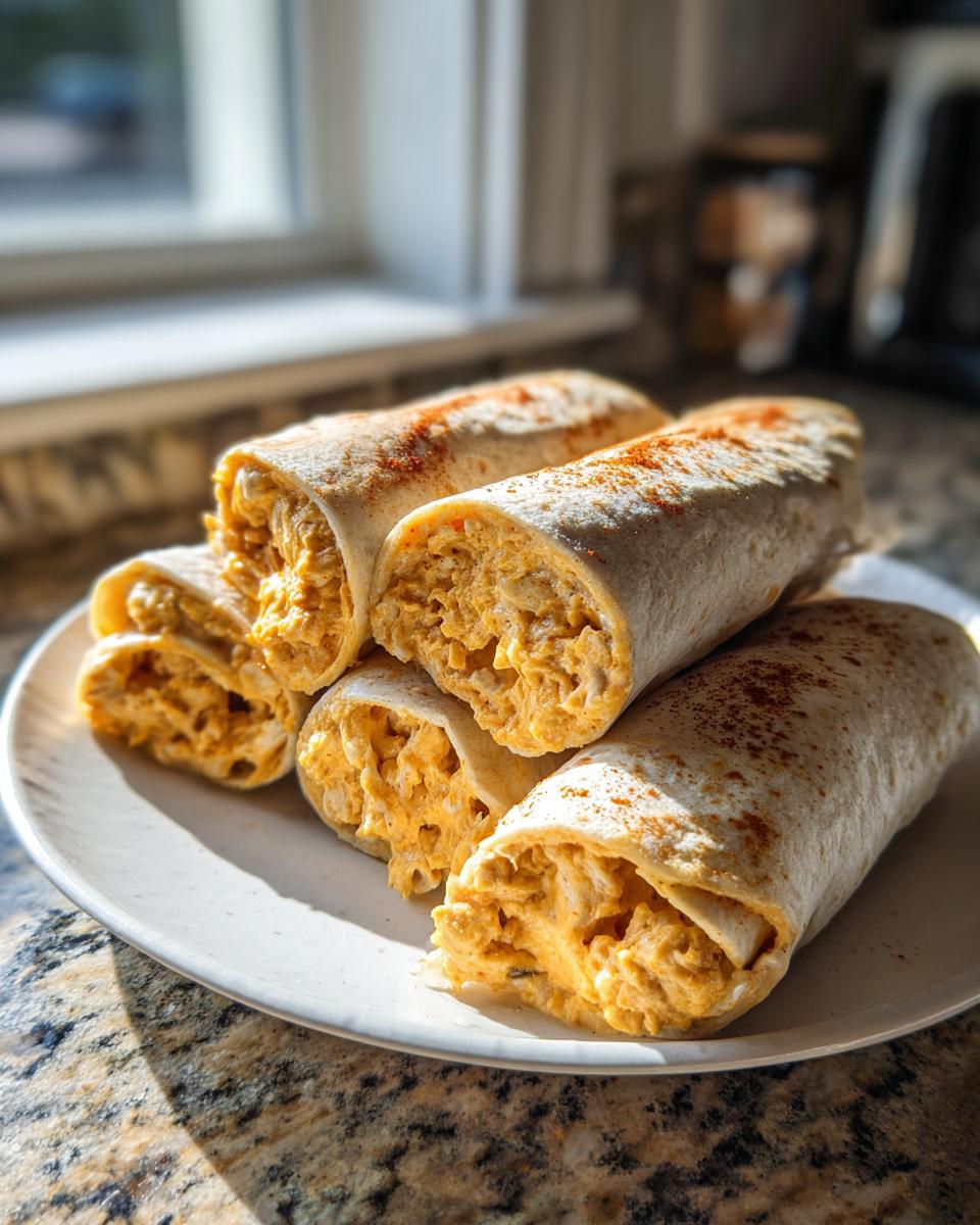 Close-up of several cheesy taco pinwheels stacked on a white plate, sprinkled with paprika.