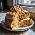 A stack of six cheesy taco pinwheels, sliced to show the creamy orange filling and green herbs, resting on a white plate.