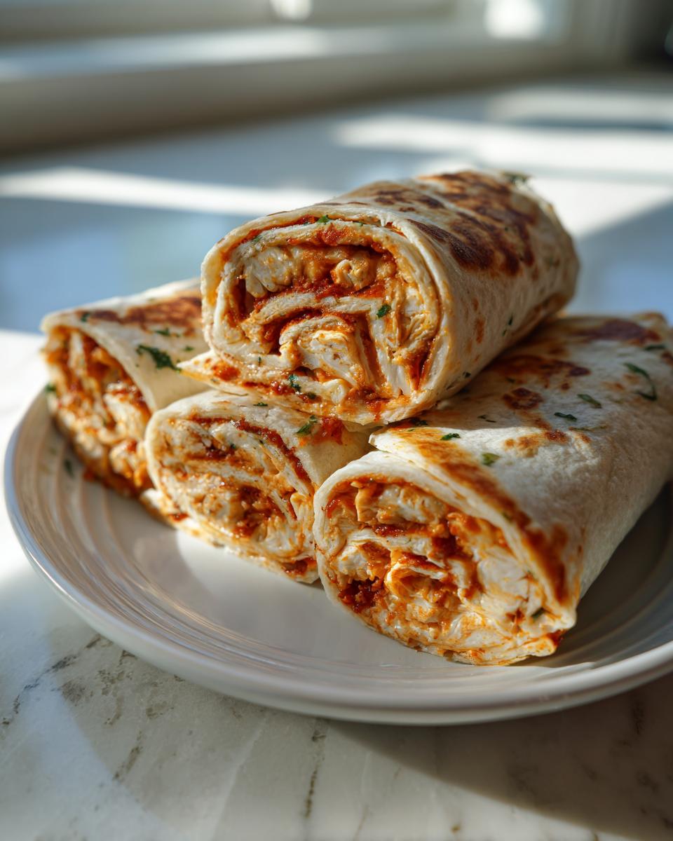 A stack of four golden brown, sliced taco pinwheels filled with chicken and red sauce, resting on a white plate.