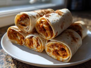 A stack of freshly baked, cheesy taco pinwheels showing the savory filling inside, resting on a white plate.