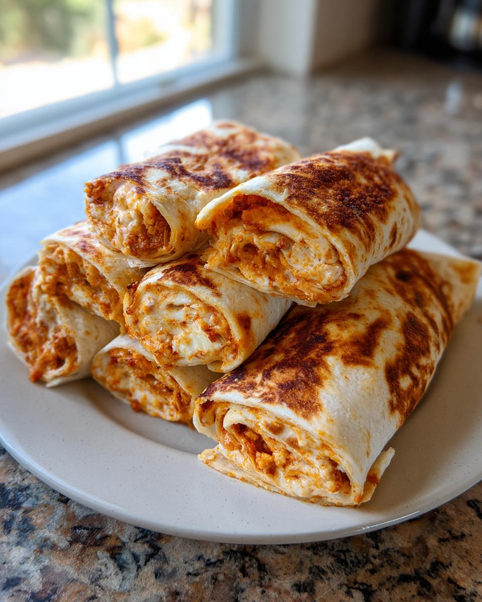 A stack of golden-brown, cheesy taco pinwheels filled with orange-spiced filling on a white plate.