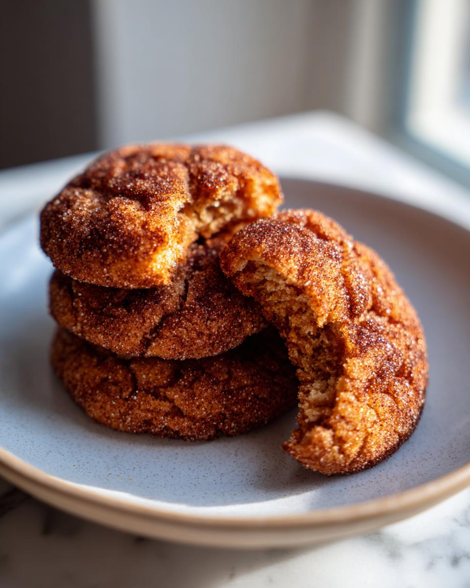 A stack of three soft, chewy churro cookies coated in cinnamon sugar, with one cookie broken open to show the texture.