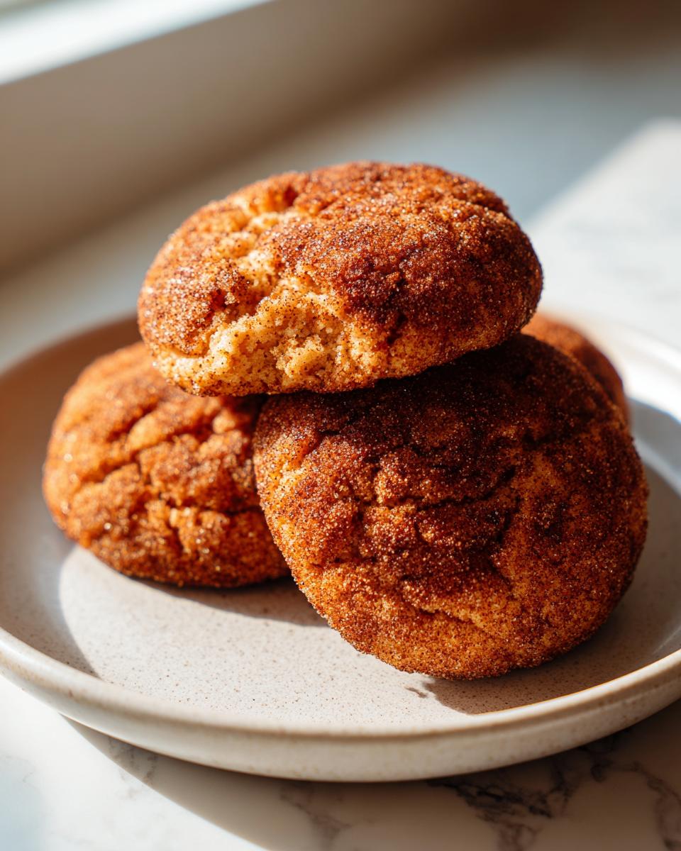 Close-up of three freshly baked churro cookies stacked on a light gray plate, heavily coated in cinnamon sugar.