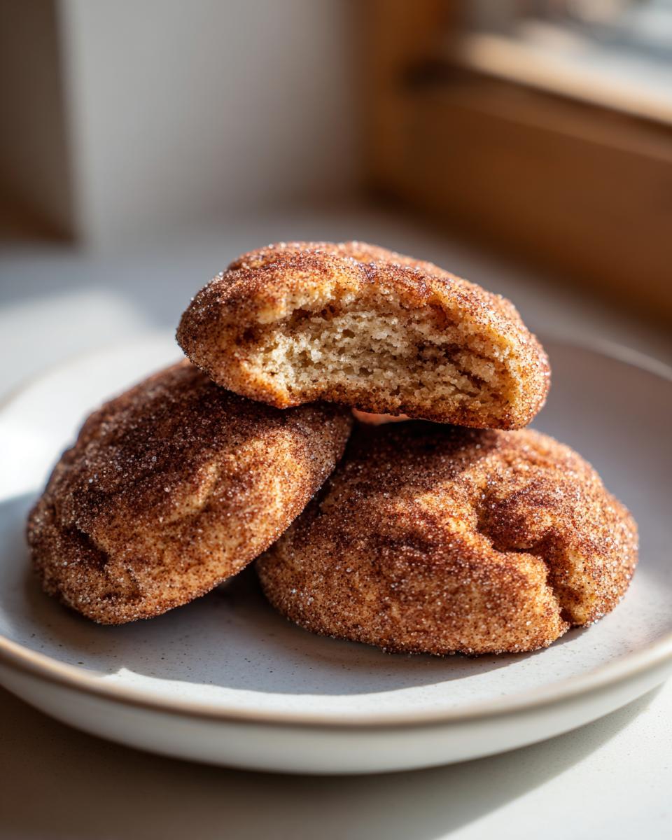 Three soft, round churro cookies heavily coated in cinnamon sugar, stacked on a light plate. One cookie is broken open showing the chewy interior.