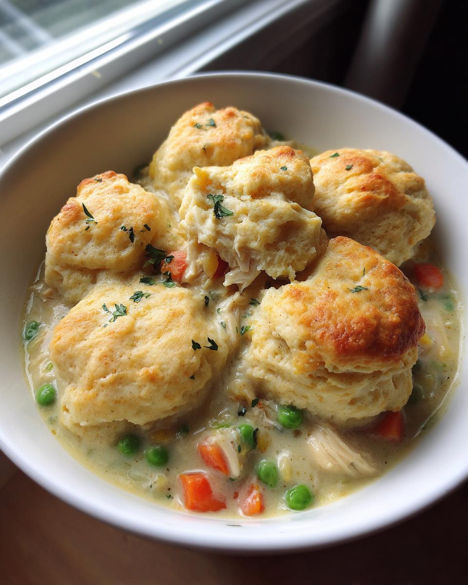 A close-up of creamy chicken and dumplings with biscuits, peas, and carrots in a white bowl.