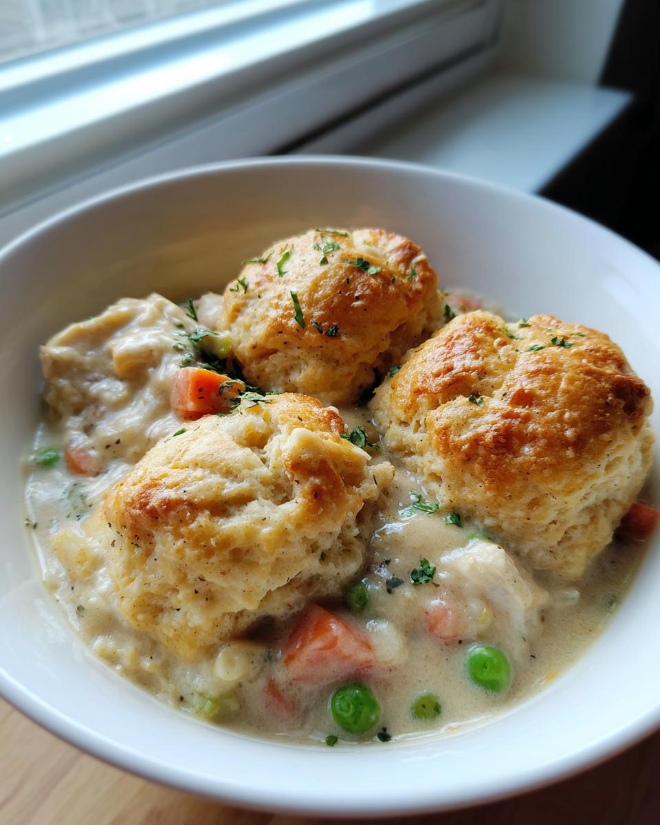 Close-up of creamy chicken and dumplings with biscuits, featuring carrots and peas, garnished with parsley.