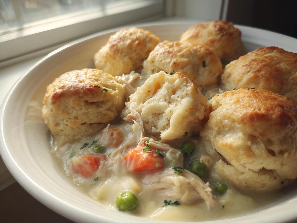 A close-up of creamy chicken and dumplings with biscuits, featuring shredded chicken, carrots, and peas.