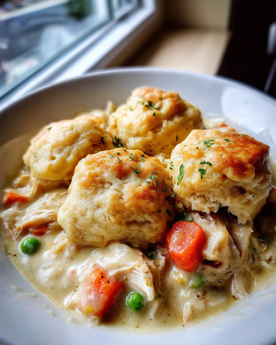 A close-up of creamy chicken and dumplings with biscuits, featuring shredded chicken, carrots, and peas.