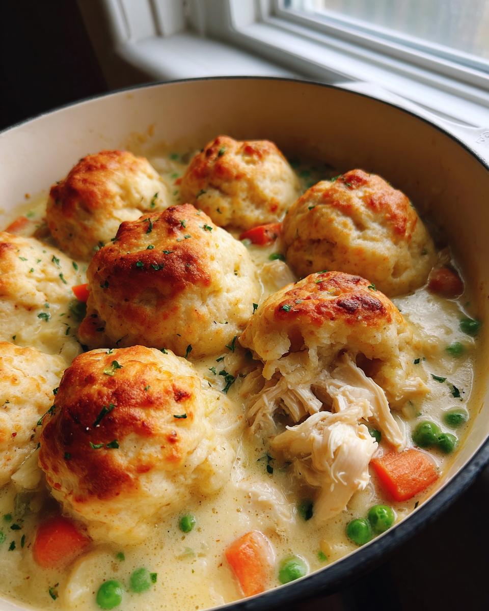 Close-up of rich chicken and dumplings with biscuits, showing shredded chicken and creamy sauce with carrots and peas.