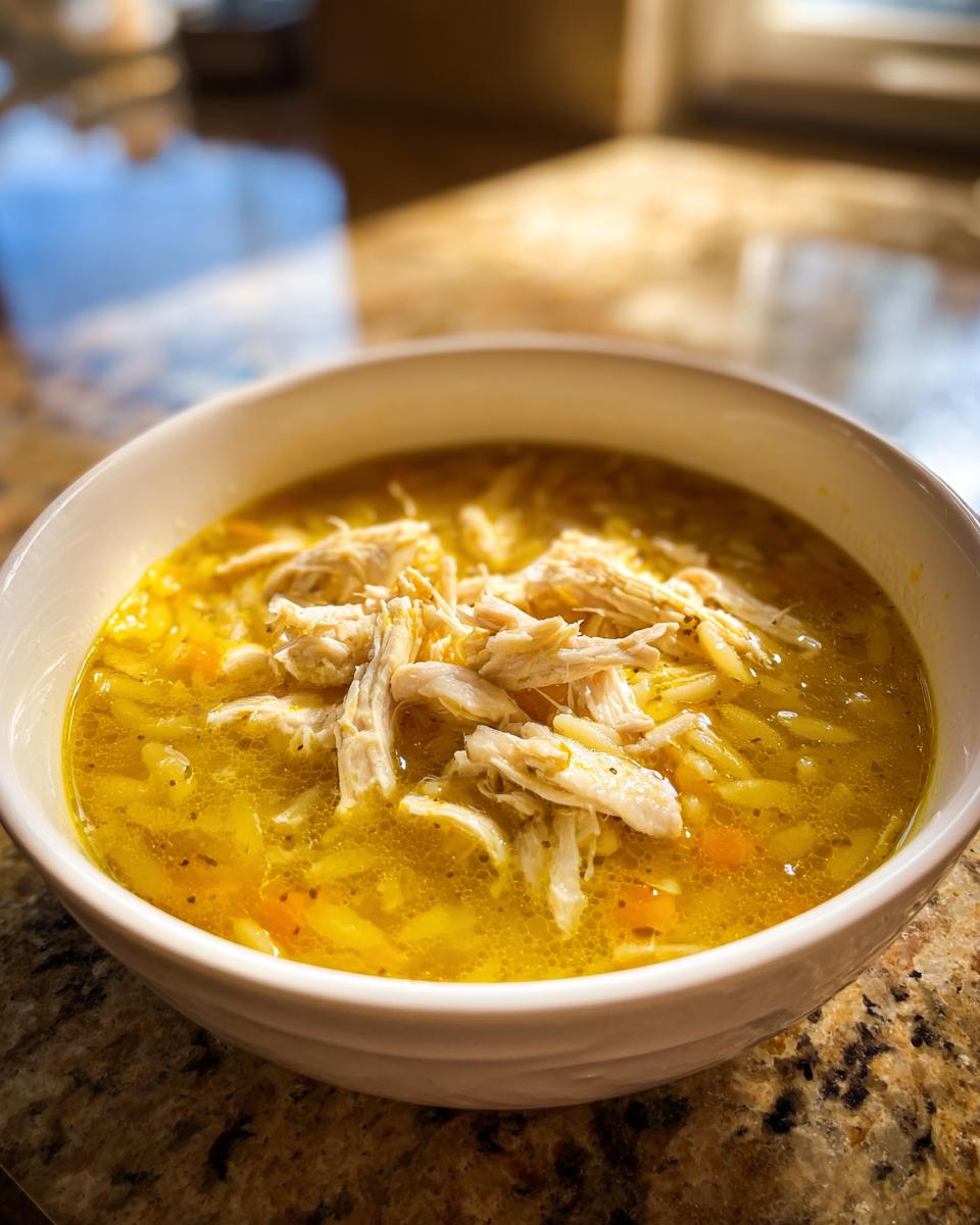 A close-up of a white bowl filled with rich, yellow chicken orzo soup topped generously with shredded chicken.