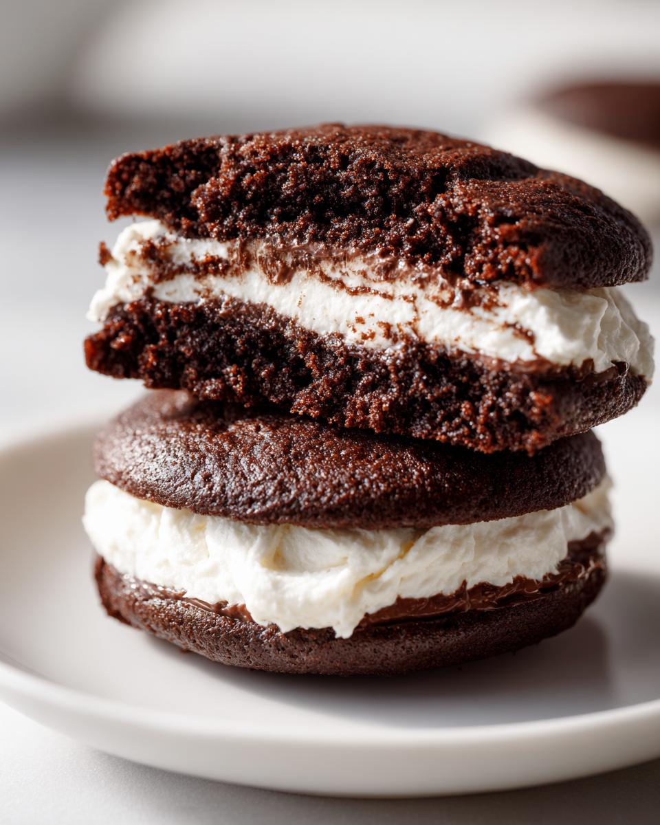 A stack of two rich chocolate whoopie pies filled with thick white cream frosting, one broken open to show texture.