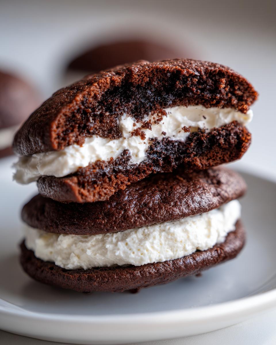 A stack of two chocolate whoopie pies, one cut open to show the fluffy white cream filling.