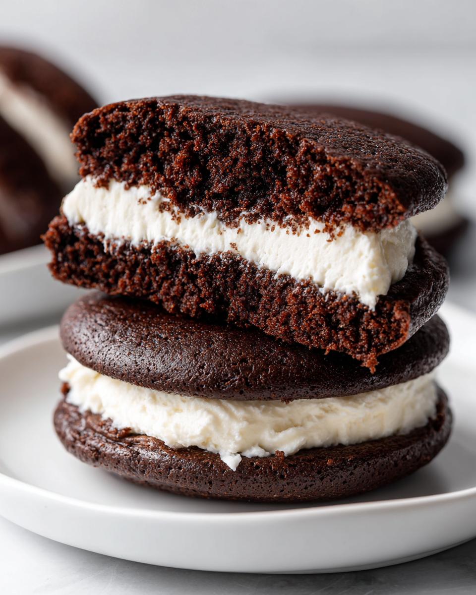 A stack of two rich chocolate whoopie pies filled with thick white cream filling, one cut open to show the texture.