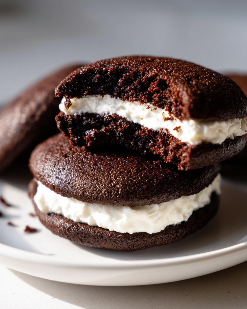 Two stacked chocolate whoopie pies filled with thick white cream frosting, one partially bitten, showcasing the texture.