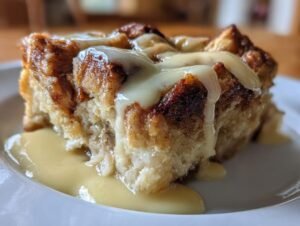 A decadent, close-up serving of classic bread pudding topped with a generous drizzle of creamy vanilla sauce.