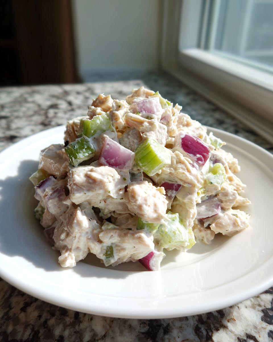 A mound of creamy chicken salad featuring chunks of chicken, bright green celery, and purple red onion on a white plate.