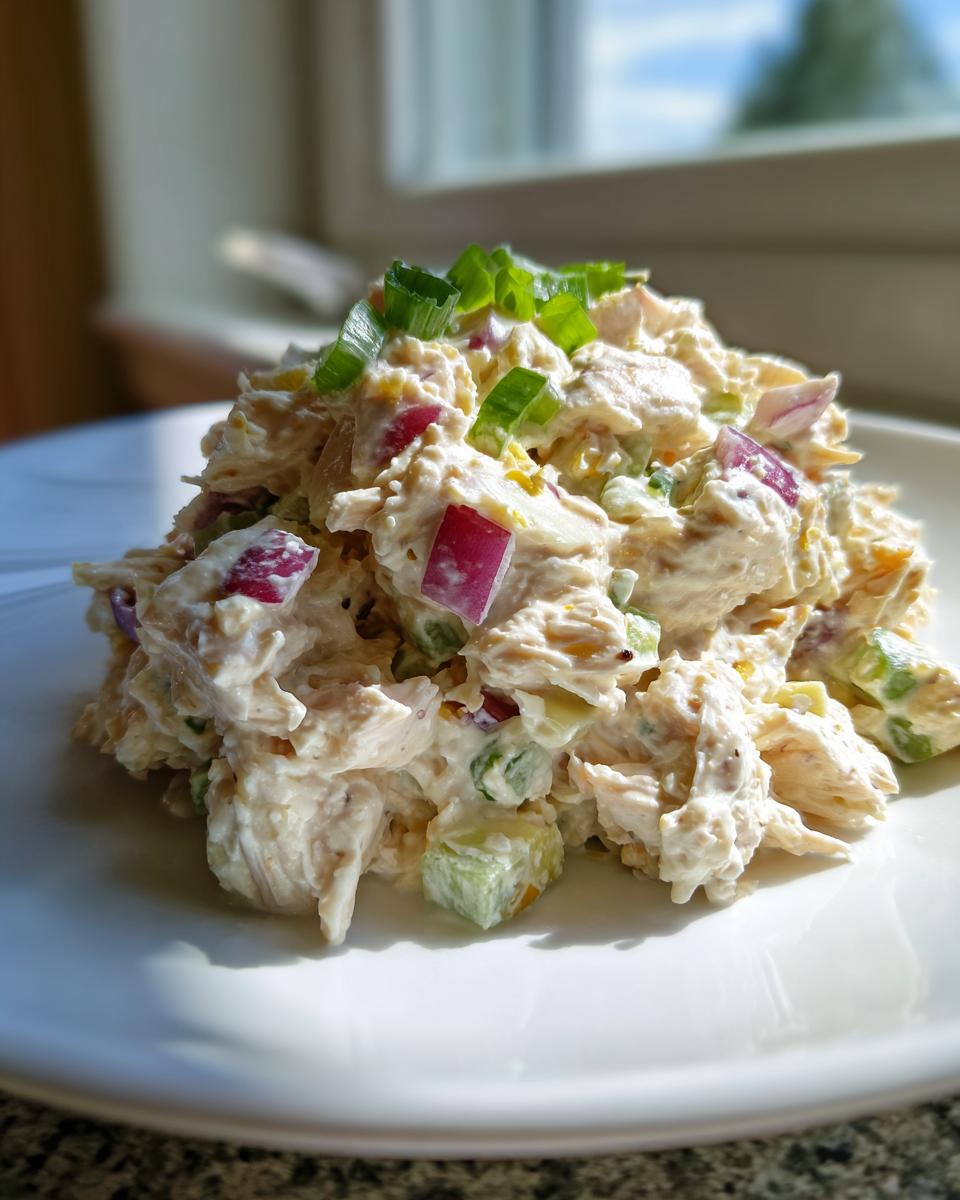 A mound of creamy classic chicken salad mixed with diced red onion and celery, topped with sliced green onions.