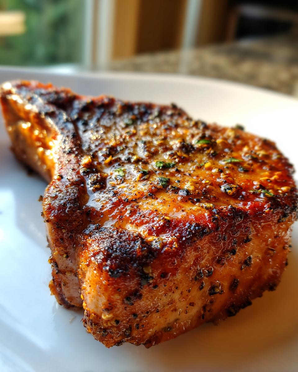 Close-up of a juicy, golden-brown baked pork chop seasoned with herbs and spices.