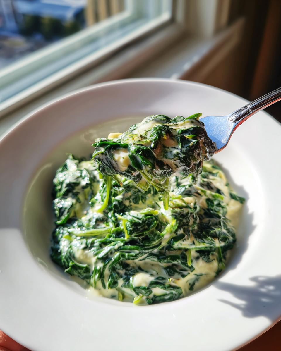 A fork lifting a generous bite of rich, green creamed spinach from a white bowl.
