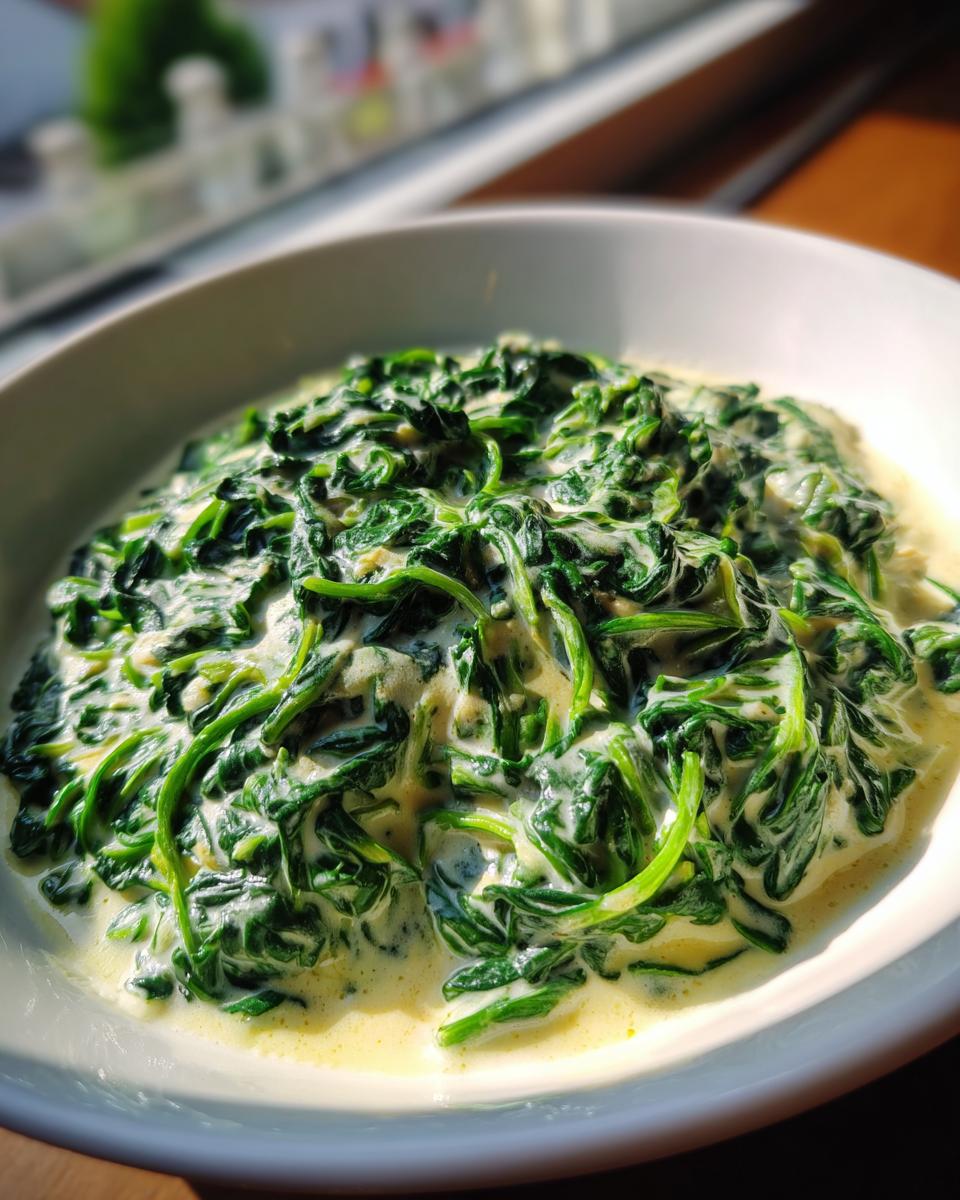 A close-up of rich, vibrant green creamed spinach served in a white bowl, highlighting the creamy sauce.