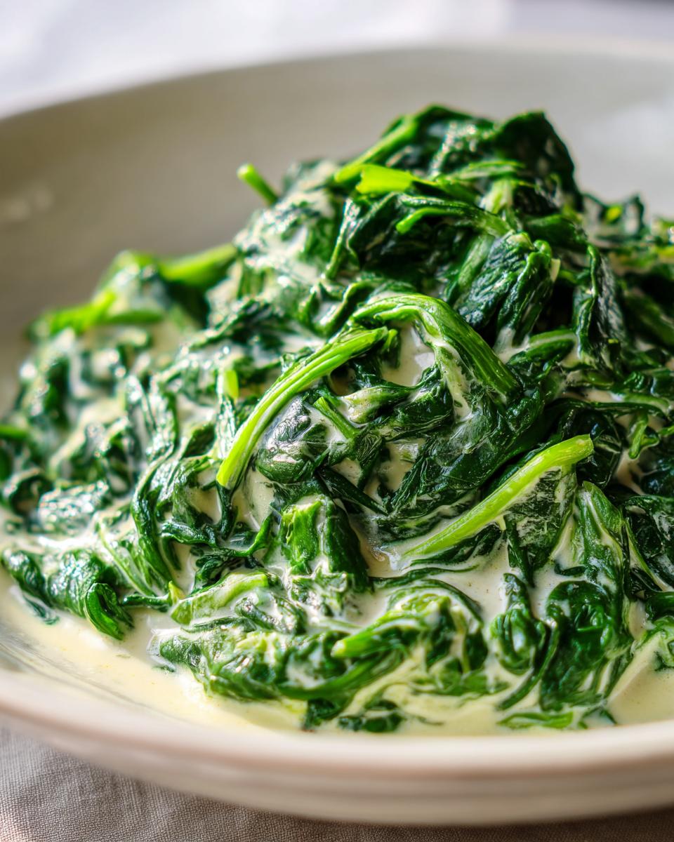 Close-up of vibrant green spinach coated in a rich, white cream sauce, perfectly prepared creamed spinach.